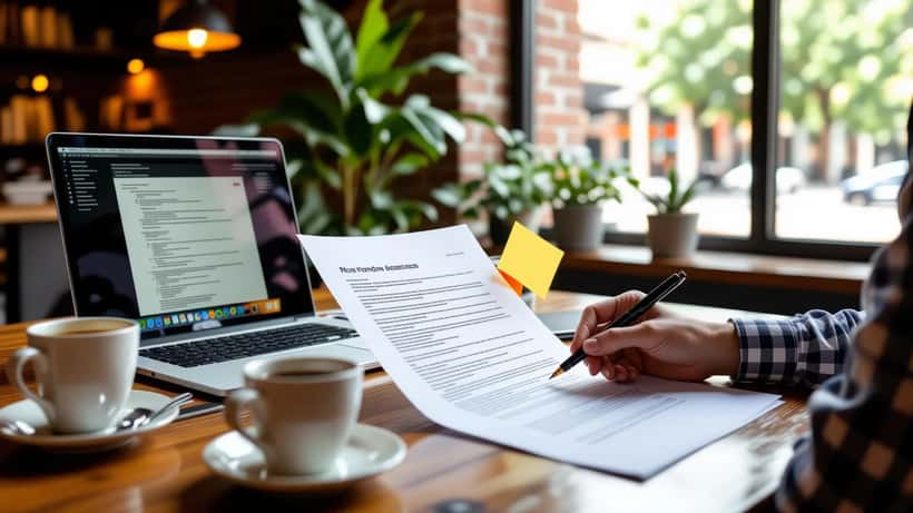 Freelance developer reviewing a GPT-6 drafted contract at a desk in Austin, Texas
