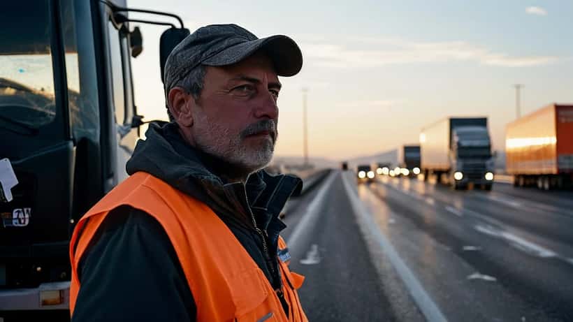 Camionista in giacca da lavoro accanto al suo camion fermo sull'autostrada durante lo sciopero degli autotrasportatori in Italia, aprile 2026