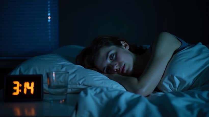 Woman lying awake in dark bedroom at night unable to sleep, insomnia concept