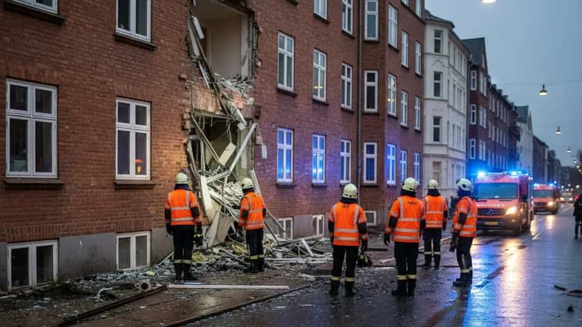 Brandvæsen og politi ved beskadiget bygning efter eksplosion på Amager i København