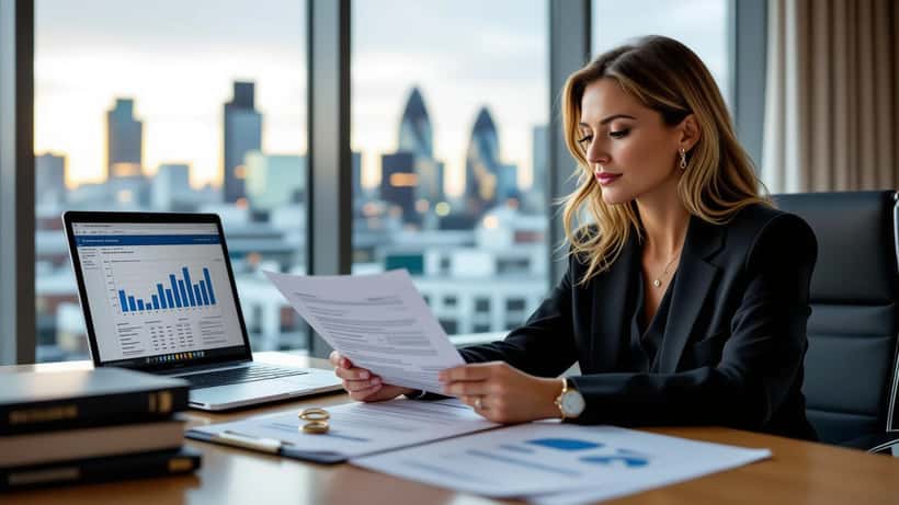 Female solicitor reviewing business valuation documents at a City of London law firm desk
