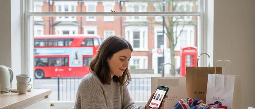 Young British woman checking shopping app on smartphone at home kitchen table