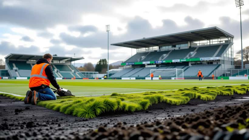 Ground workers peeling back rolls of green artificial turf from a football stadium pitch, exposing the sand base beneath