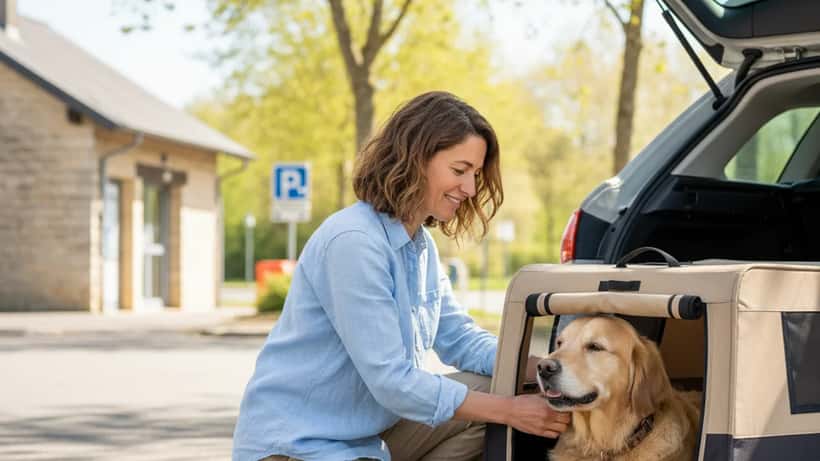 Femme française avec son golden retriever dans un coffre de voiture lors d'un arrêt sur la route des vacances de Pâques