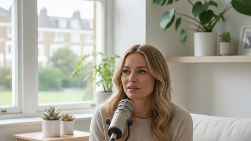 Woman podcaster discussing travel anxiety in a bright London flat, candid wellness moment
