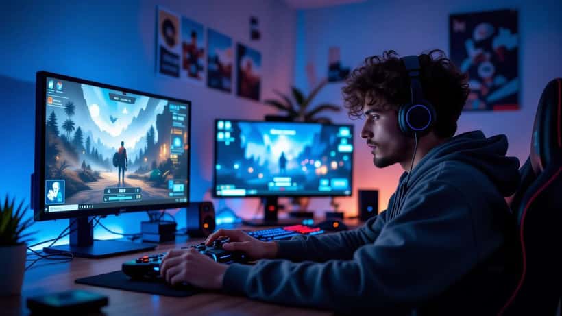 Gamer brasileiro em setup com tela de compra de conteúdo digital