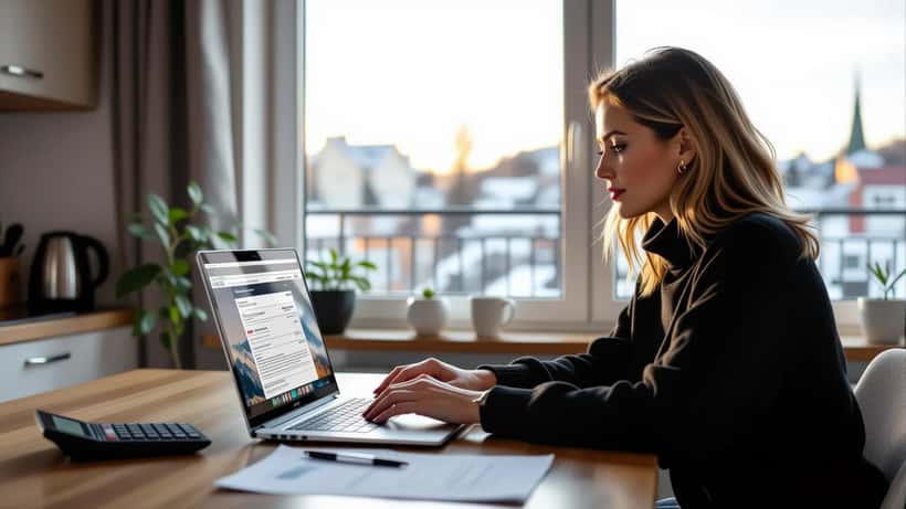 Norsk pendler sjekker reisefradrag og flybilletter på laptop med skattemelding og kalkulator på bordet, Oslo-leilighet