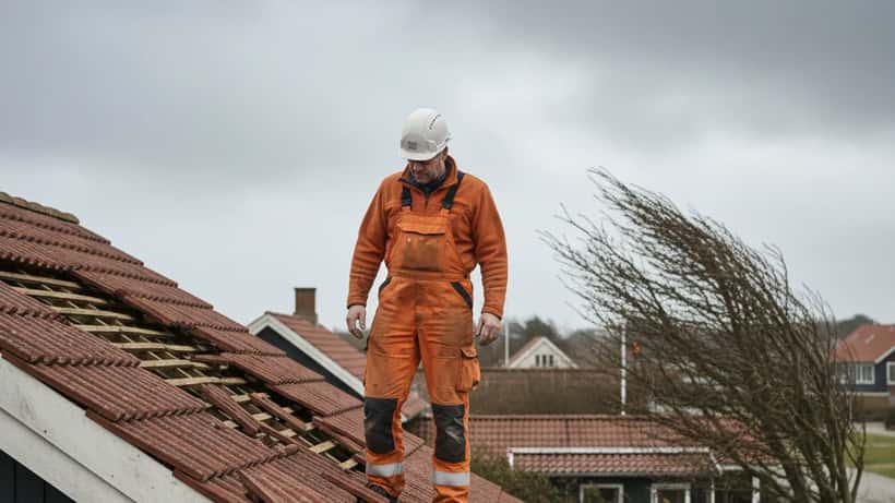 Dansk håndværker inspicerer stormskadede tagsten på nordjysk hus efter Storm Dave