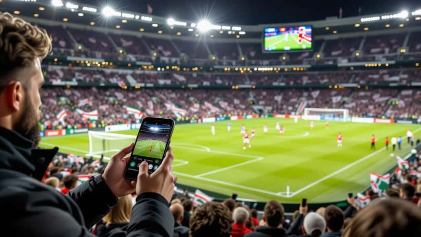 Estádio de futebol com bandeiras da Noruega e França, documentos legais e smartphone com app de apostas regulada