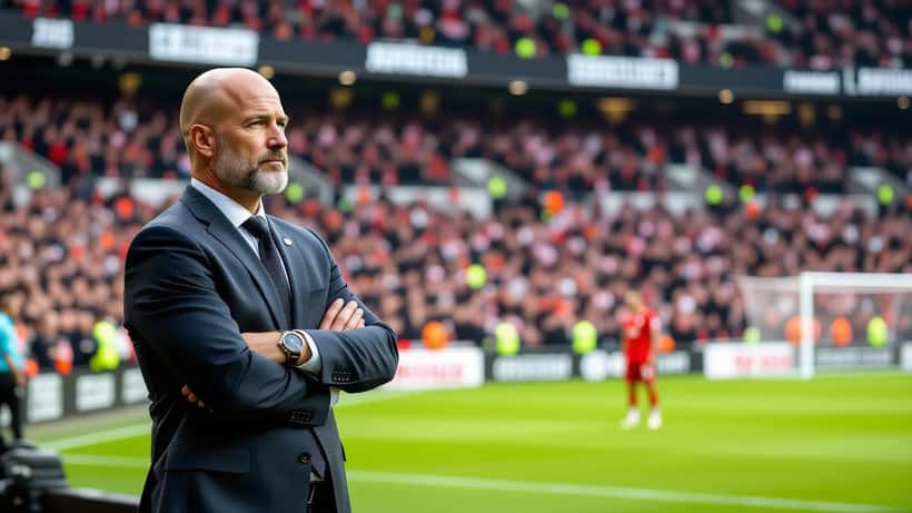 Entraîneur de football en costume sombre sur la touche d'un stade anglais de Premier League