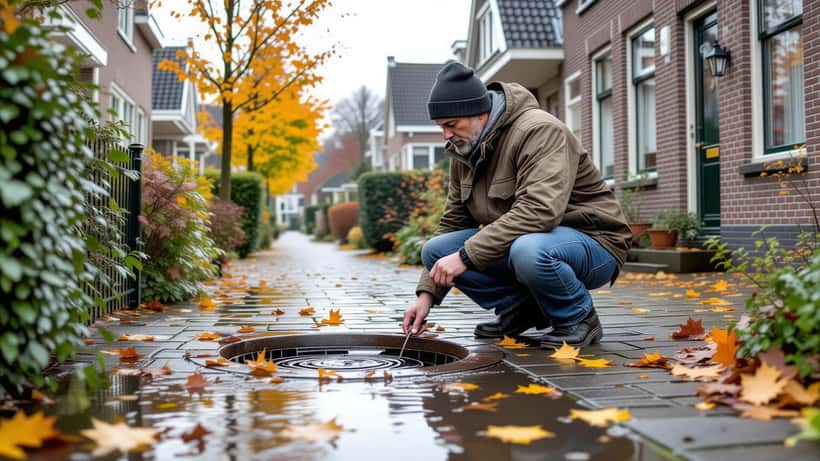 Huiseigenaar controleert overlopend inspectieputje in herfsttuin van Nederlandse rijtjeswoning