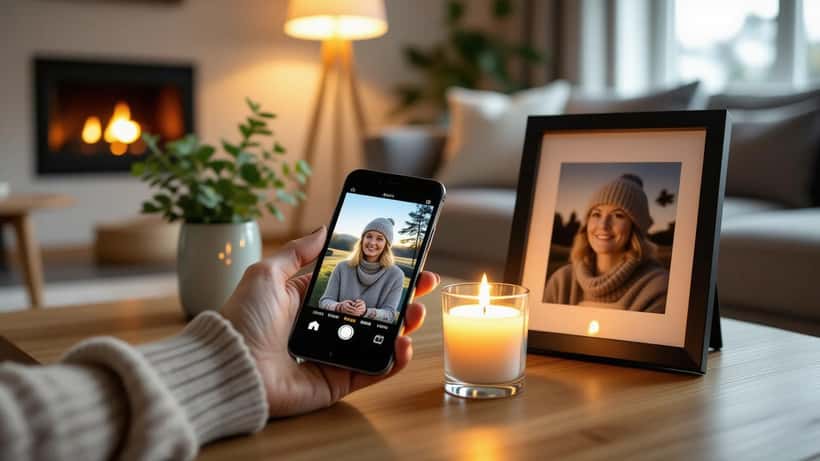 Kvinne holder en smarttelefon med en minneside i sosiale medier ved siden av et tent lys