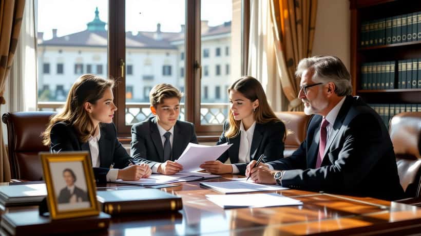 Avvocato di famiglia consulta tre giovani fratelli in uno studio legale di Milano sulla tutela dei minori orfani