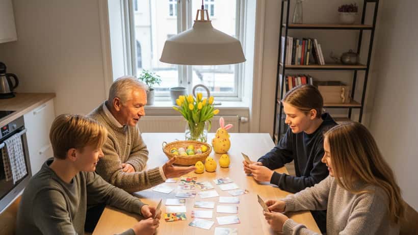 Norsk familie som løser gåter rundt kjøkkenbordet i påsken, bestefar forklarer for barnebarna