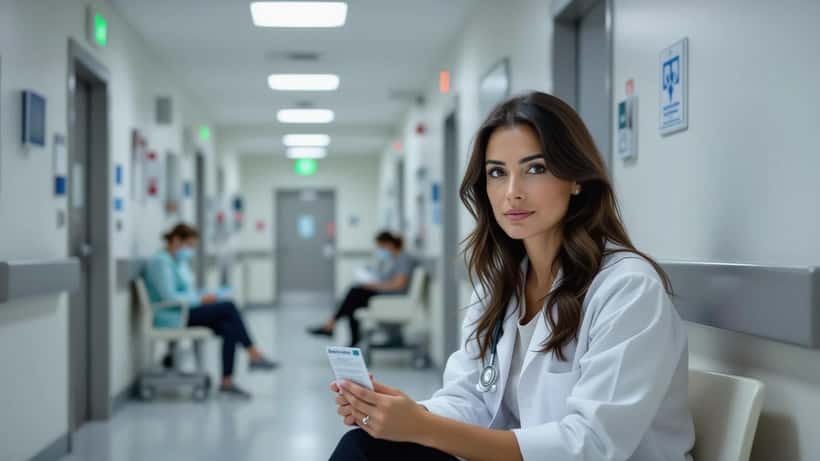 Donna in corridoio ospedaliero in Italia con tessera donazione organi in mano