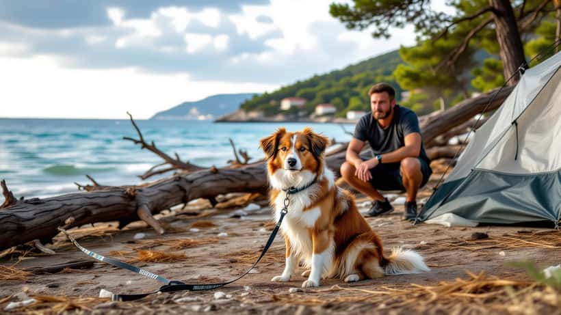 Durchnässter Hund an einem verwüsteten Campingplatz an der kroatischen Adriaküste nach einem Sommersturm