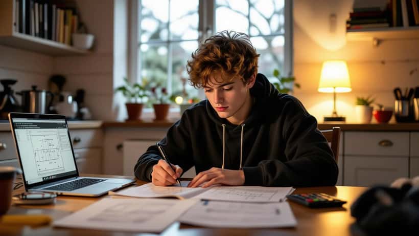 A British student working through Poisson probability equations with football goal statistics on a laptop