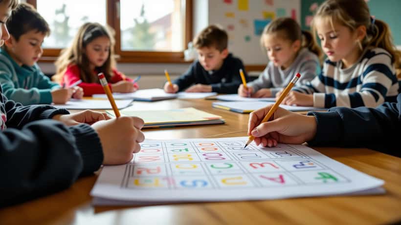 Kind schreibt in Volksschule-Erstklassheft, Lehrerin zeigt auf Buchstaben im Unterricht
