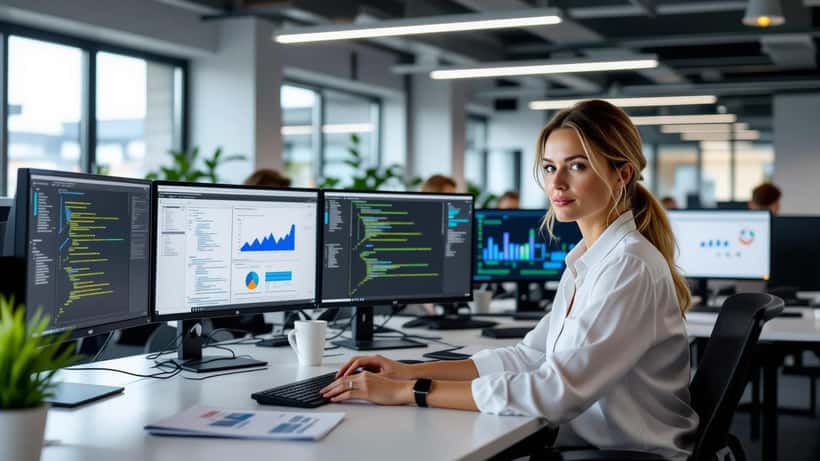 IT-professionel i København undersøger AI-dashboards og beskæftigelsesstatistikker på skærme i 2026