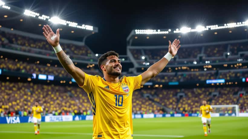 Ecuadoriansk fotbollsspelare i gul landslagströja firar mål under VM 2026 i Kansas City med publik i bakgrunden