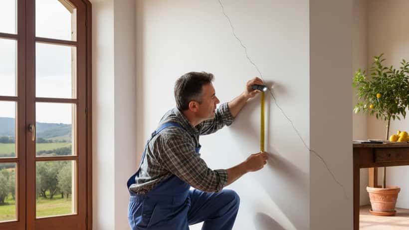 Artigiano edile che ispeziona una crepa strutturale su un muro portante in una casa di Reggio Calabria dopo il terremoto del 29 marzo 2026