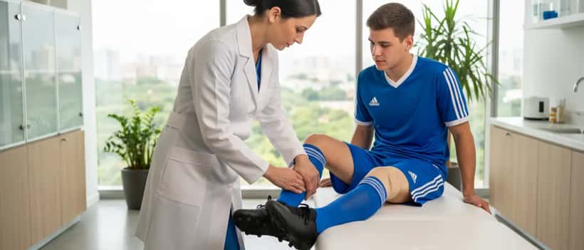 Médico desportivo examina tornozelo de jogador de futebol em clínica moderna