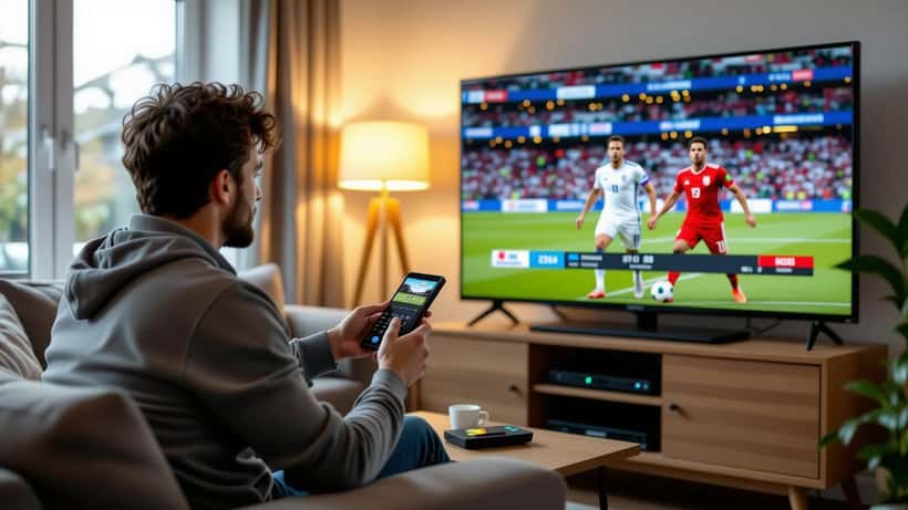 Man setting up streaming device on smart TV for Sky Sports News coverage in suburban London living room