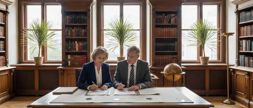 Österreichische Frau und Notar prüfen Testamentsdokumente in einem Wiener Büro zu Ostern 2026