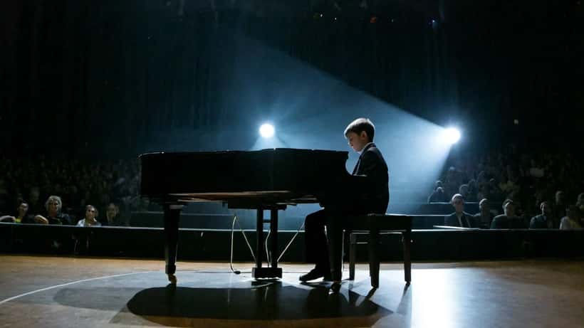 Criança a tocar piano num palco de talent show em Portugal, com focos de luz dramáticos