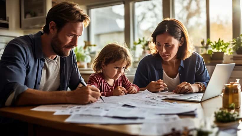 American couple reviewing childcare bills and financial documents at kitchen table with toddler