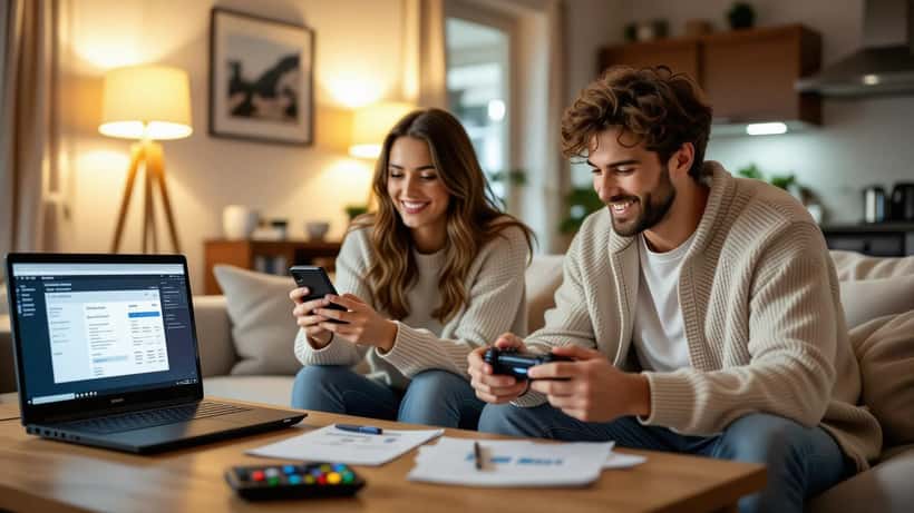 Couple on a sofa comparing a games console controller with a household budget and payment app
