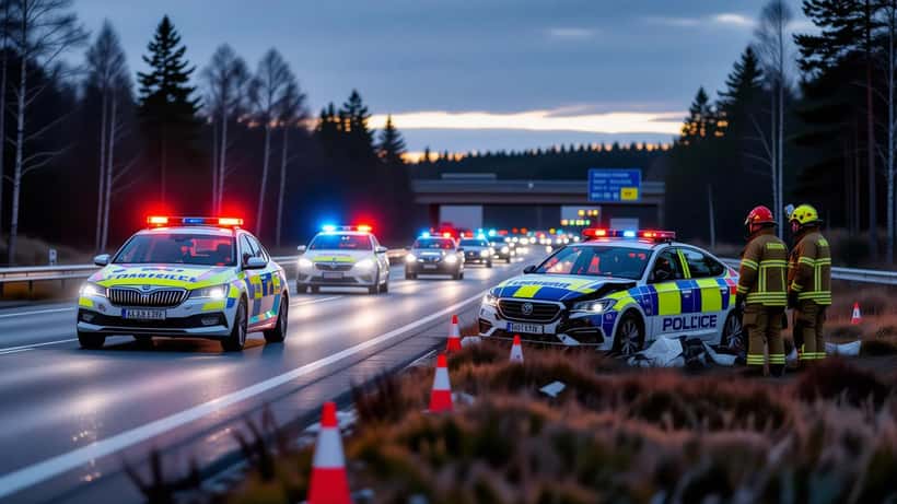 Pelastusajoneuvoja ja poliisiautoja suljetulla moottoritiellä aamunkoitteessa