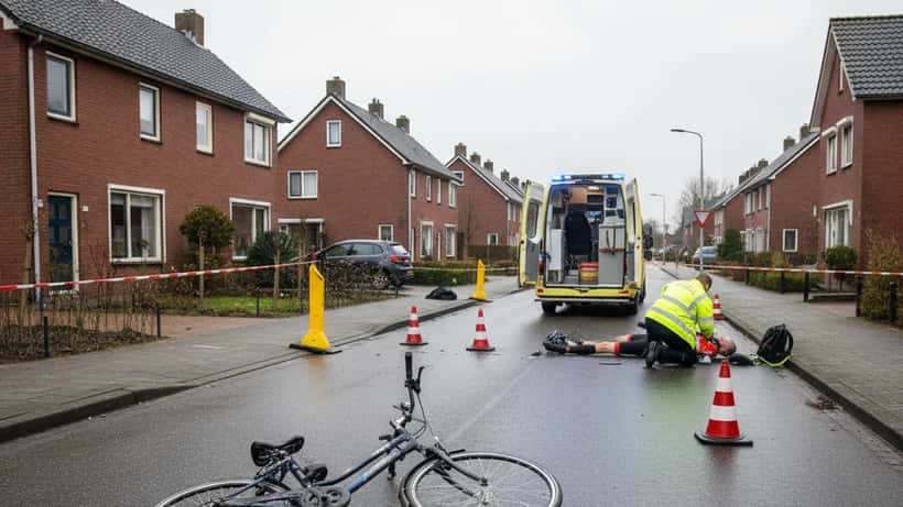Ambulancepersoneel bij een aangereden fietser op de weg in Dordrecht