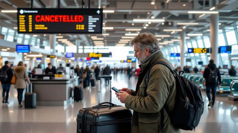 Stranded travelers at a US airport gate beside a departures board showing a cancelled flight