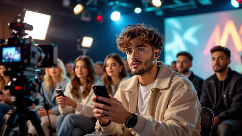 Giovane cantante backstage con smartphone che mostra commenti sui social media