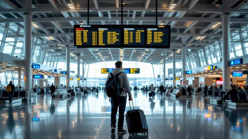 Flypassager ved aflysningstavle i lufthavn, annullerede fly vist på skærm
