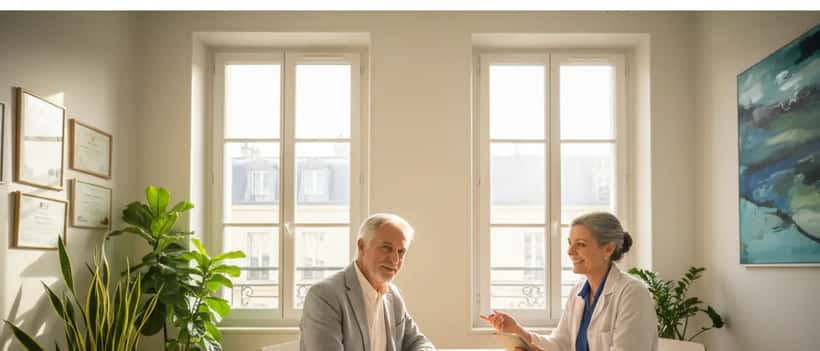 Un homme de 75 ans souriant lors d'une consultation chez un gériatre dans un cabinet médical parisien
