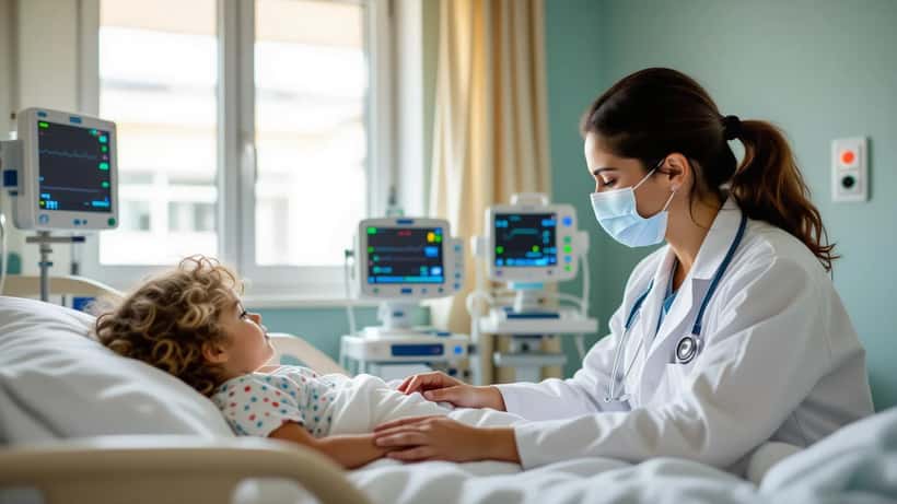 Pediatra esamina la gola di una bambina in un reparto pediatrico ospedaliero italiano