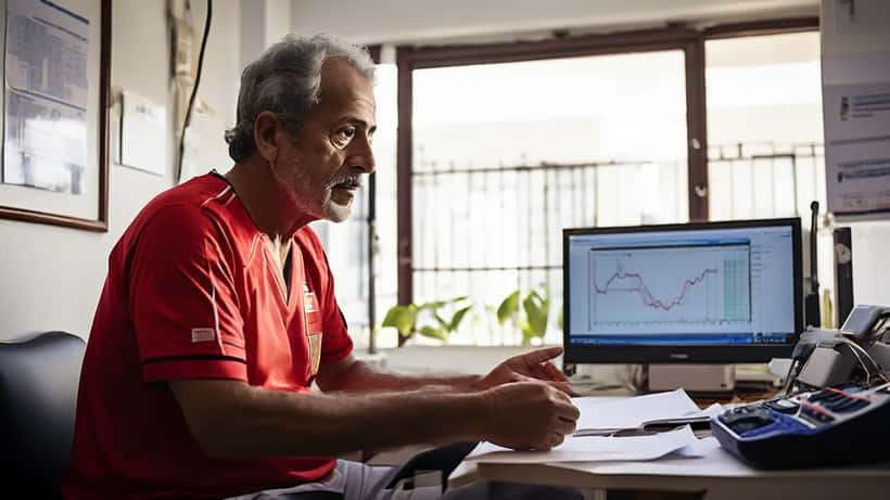 Médico cardiologista explicando eletrocardiograma para ex-atleta brasileiro em consultório de São Paulo