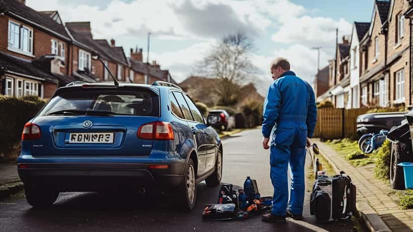 Mechanic checking tyre pressure on a family hatchback loaded with suitcases on a UK driveway before a summer road trip