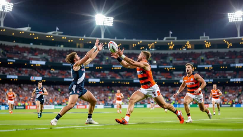 GWS Giants and Geelong Cats players contesting the ball during an AFL 2026 match under stadium lights