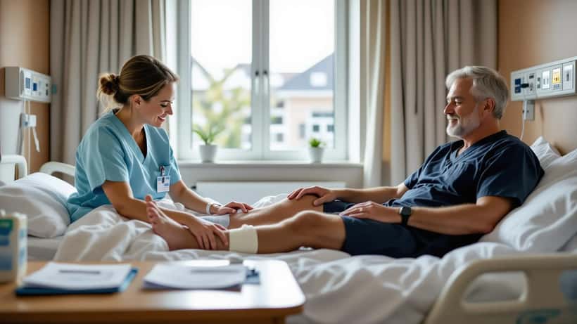 Verpleegkundige controleert het been van een patiënt in een ziekenhuis