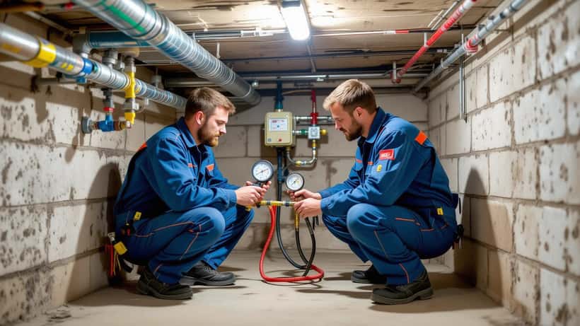 Handwerker prüft Gasleitung in Keller mit Druckmessgerät, Deutschland 2026