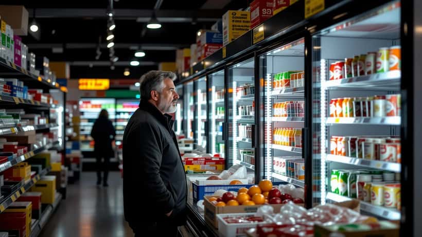 Dono de mercearia portuguesa a observar produtos estragados durante o apagão ibérico com iluminação de emergência