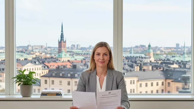 Svensk familjerättsjurist granskar vigselintyg och separationsavtal på Stockholmskontor