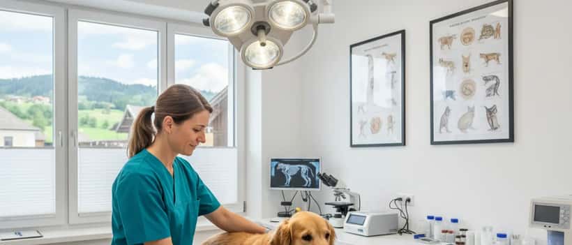 Österreichische Tierärztin in teal Kasack untersucht einen Golden Retriever auf einem Untersuchungstisch in einer modernen Tierklinik