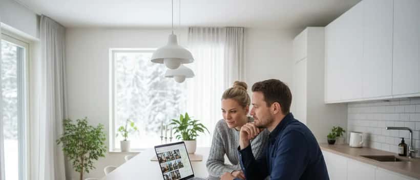 Svenskt par tittar på bostadsannonser på laptop i modernt skandinaviskt hem