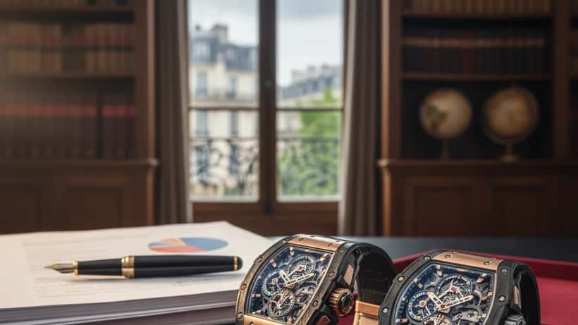 Montres de luxe sur plateau de velours dans un bureau de gestion de patrimoine parisien