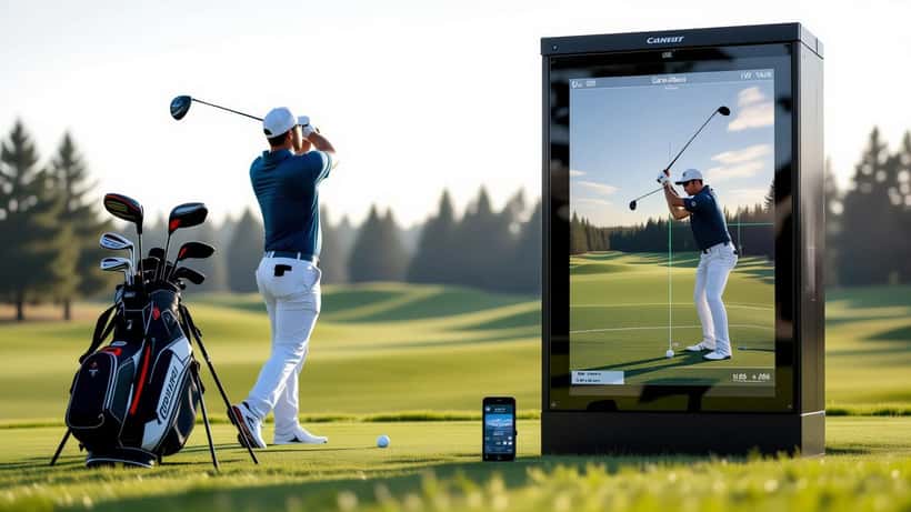 Amateur golfer using a portable launch monitor and smartphone to measure swing data on a driving range
