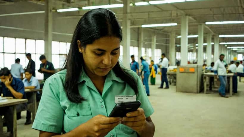 Trabalhadora brasileira verificando contracheque no local de trabalho durante feriado